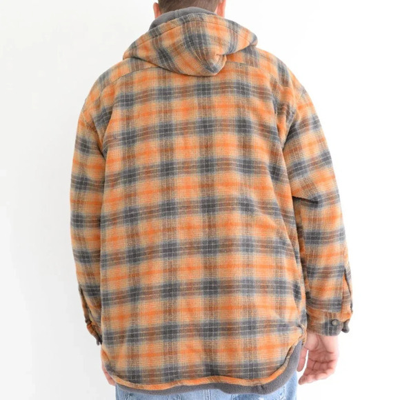 VTG Route 66 Orange And Gray Plaid Fleece Lined Button Up Hooded Sweater  Jacket - Picture 2 of 11